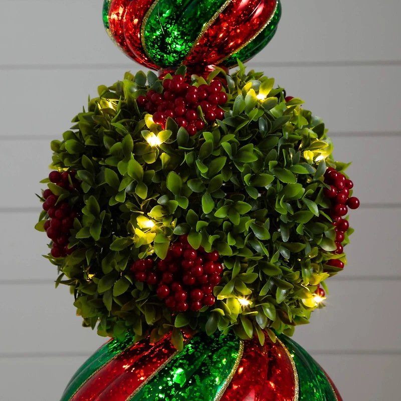 3ft. Pre-Lit Artificial Christmas Ornament Boxwood Topiary Tree with 70 Warm White LED Lights