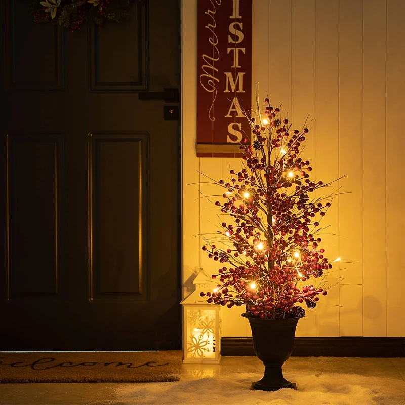 3ft. Pre-Lit Berry & Pinecone Artificial Urn Christmas Porch Tree, Warm White LED Lights