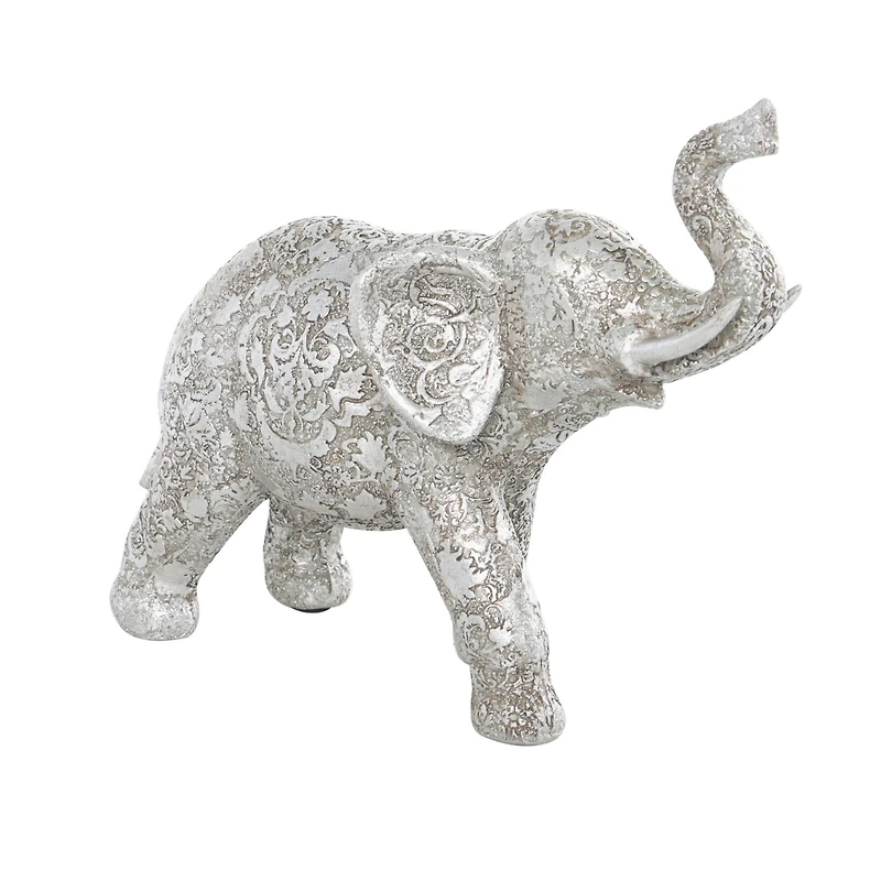 10" Silver Elephant Engraved Floral Sculpture