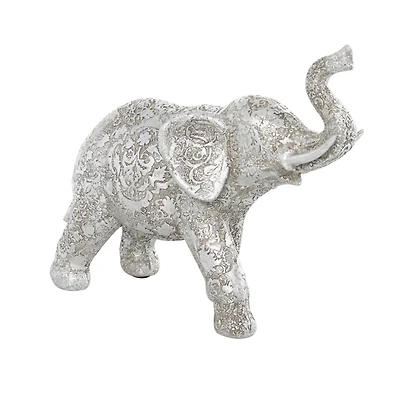 10" Silver Elephant Engraved Floral Sculpture