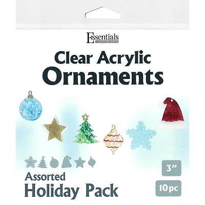 Essentials by Leisure Arts Assorted Holiday Clear Acrylic Ornaments, 10ct.