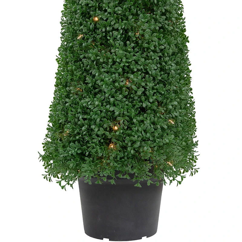 3ft. Pre-Lit Artificial Boxwood Cone Topiary Tree with Round Pot, Clear Lights