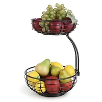 SunnyPoint Classic 2-Tier Wire Basket Bowl Stand with Wooden Base