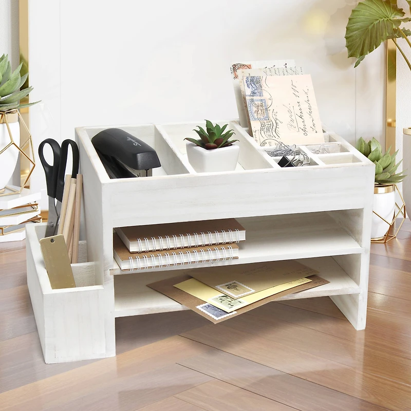 Elegant Designs Whitewash Wood Cubbies & Letter Tray Desk Organizer
