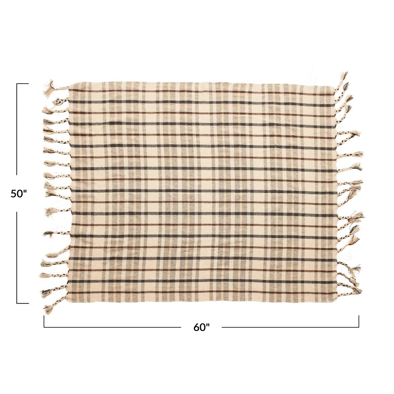 Hello Honey® Charcoal & Brown Woven Recycled Cotton Blend Plaid Throw with Tassels