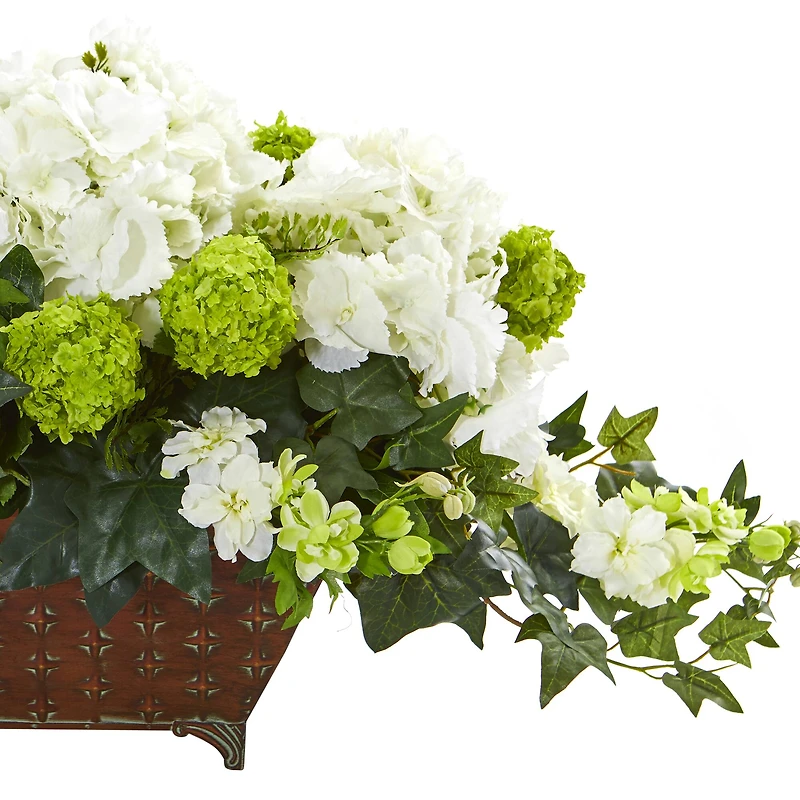 15.5" White Hydrangea & Ivy Arrangement in Metal Planter