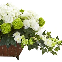 15.5" White Hydrangea & Ivy Arrangement in Metal Planter
