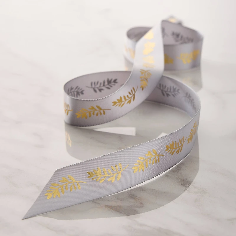 7/8" x 5yd. Satin Gold Foil Leaf Stem Ribbon by Celebrate It® Classic