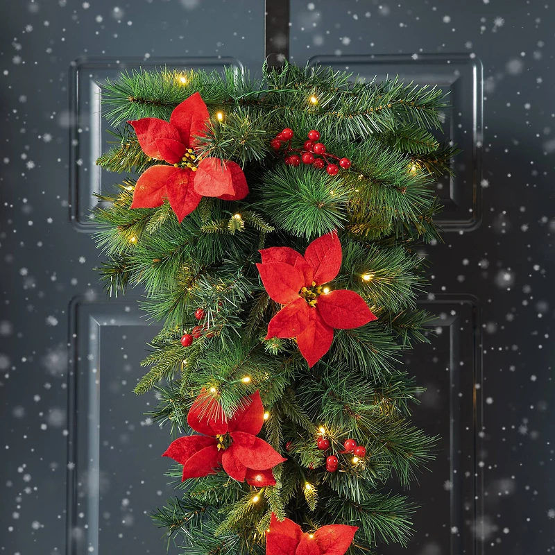 Glitzhome® 3ft. Pre-Lit Pine, Poinsettia & Berries Christmas Teardrop Swag