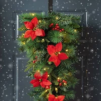 Glitzhome® 3ft. Pre-Lit Pine, Poinsettia & Berries Christmas Teardrop Swag