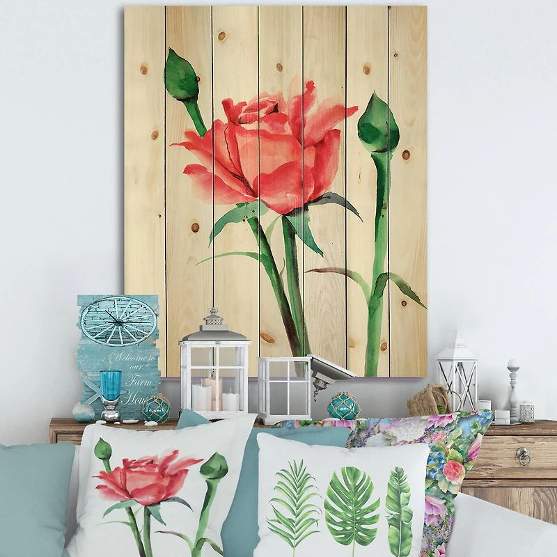 Designart - Red Rose With Buds