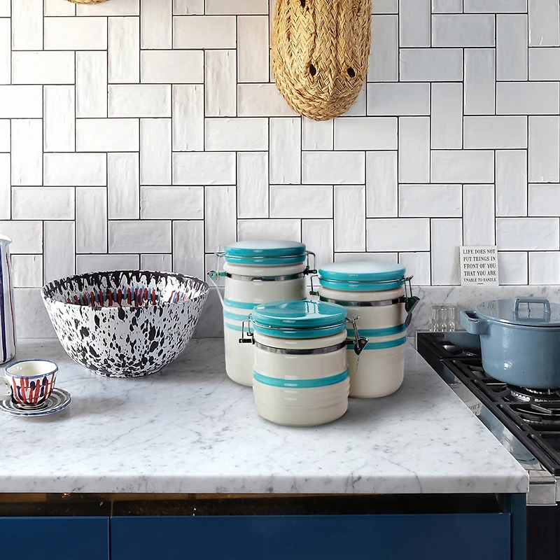 Gibson General Store Hollydale 3 Piece Canister Set in White & Teal Band