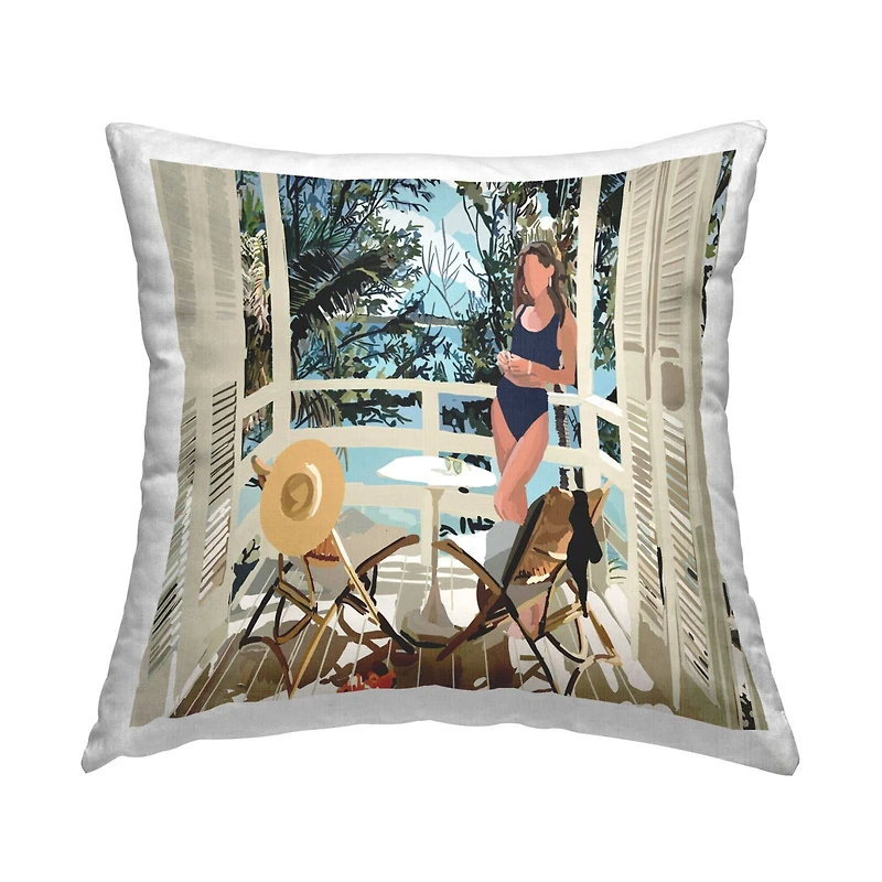 Stupell Industries Lounging Woman Coastal Beach Balcony Throw Pillow, 18" x 18"