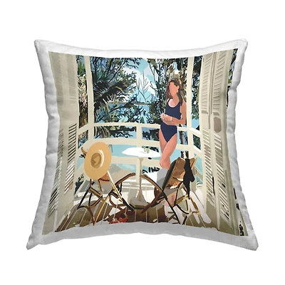 Stupell Industries Lounging Woman Coastal Beach Balcony Throw Pillow, 18" x 18"