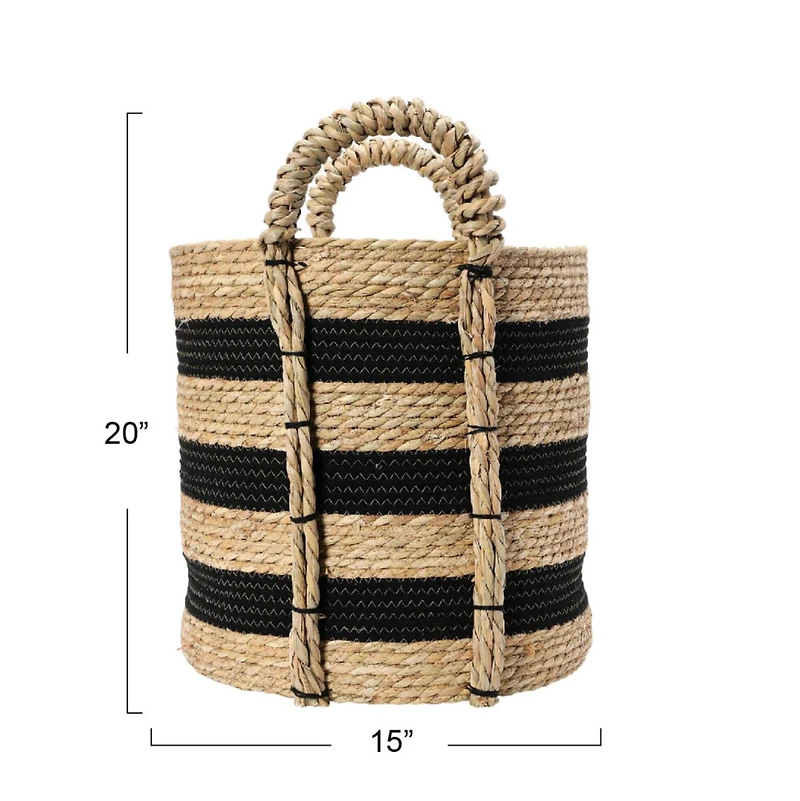 Household Essentials 20" Black & Natural Stripes Braided Basket with Handles