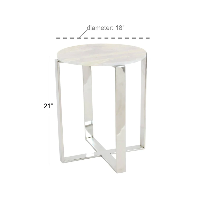 21" White Marble & Stainless Steel Modern Accent Table