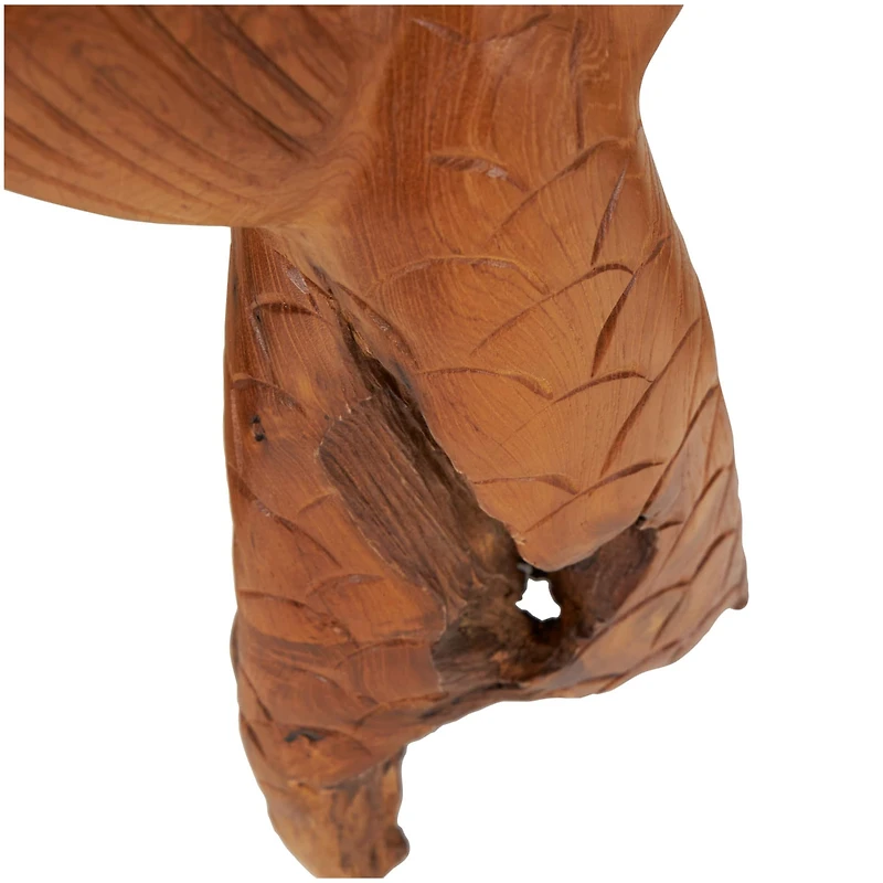 Brown Teak Wood Whale Handmade Tail Live Edge Sculpture with Intricate Carvings Set