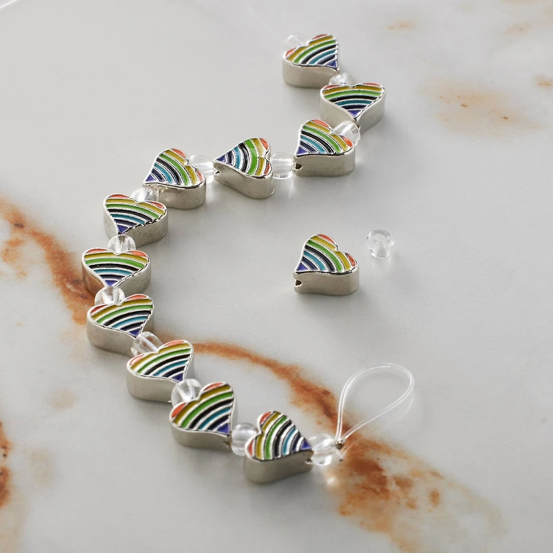 Rainbow Stripe & Rhodium Heart Beads, 9mm by Bead Landing™