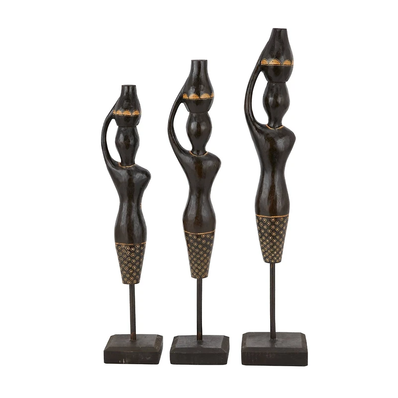 Set of 3 Black Wood Bohemian Sculptures, 23" x 4" x 4"