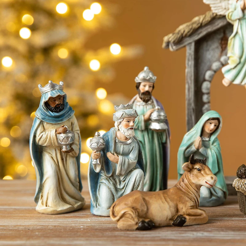 Glitzhome® Deluxe Blue Nativity Figurine Set