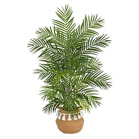 4ft. Areca Artificial Palm in Boho Chic Handmade Natural Cotton Woven Planter with Tassels