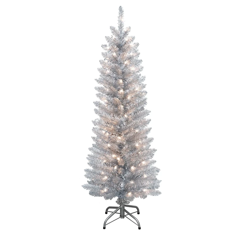 4.5ft. Pre-Lit Silver Tinsel Artificial Christmas Tree, Clear Lights