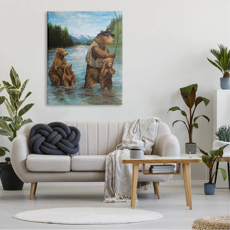 Stupell Industries Brown Grizzly Bear Family Fishing Mountain Lake Landscape Canvas Wall Art