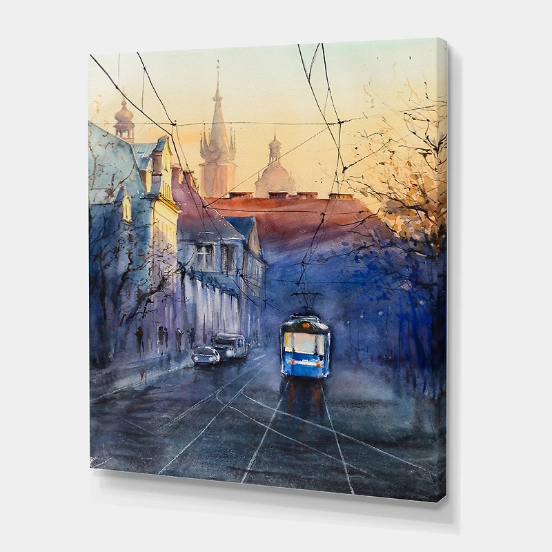 Designart - Blue Tram At Sunset With Church During Sunset