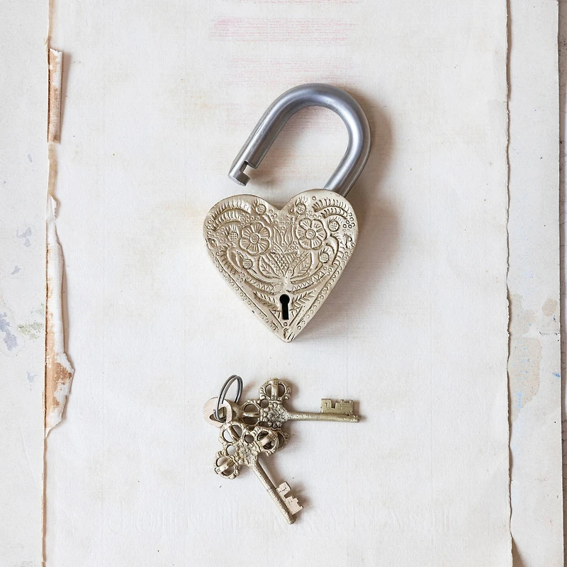 Hello Honey® Matte Finish Brass & Stainless Steel Heart-Shaped Lock with Flowers Set