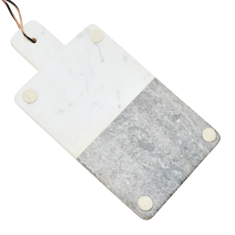Hello Honey® 15" Gray and White Boho 2-Tone Marble Charcuterie or Cutting Board with Brass Inlay and Leather Tie