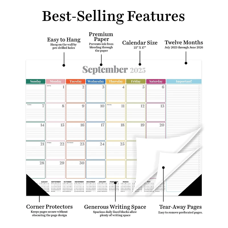 July 2025 - June 2026 Large Rainbow Blocks Desk Pad Monthly Blotter Calendar