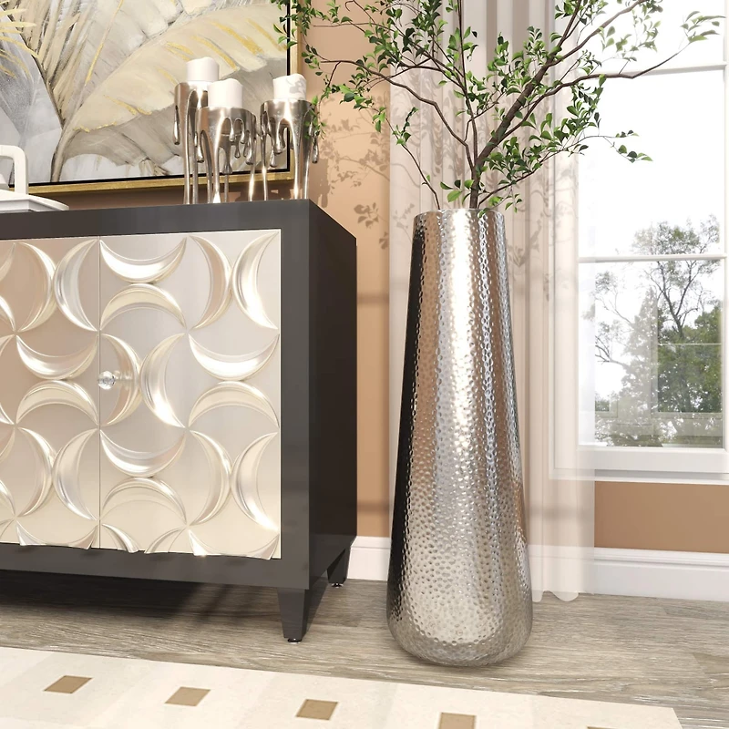31" Silver Aluminum Tall Hammered Vase
