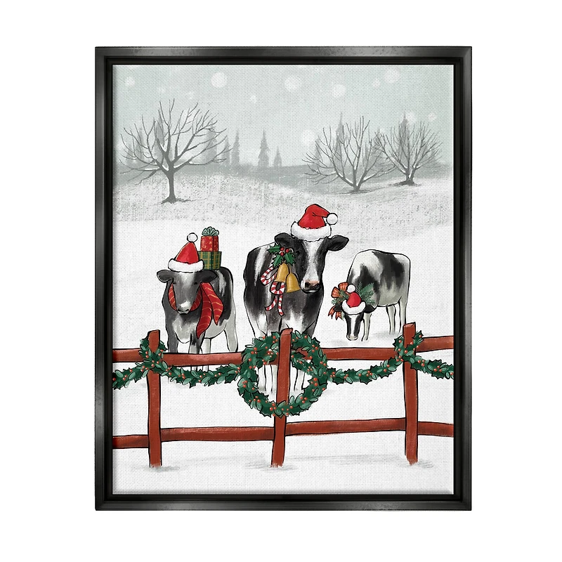 Stupell Industries Holiday Cows Farmland Fence Framed Floater Canvas Wall Art