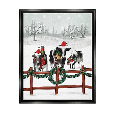 Stupell Industries Holiday Cows Farmland Fence Framed Floater Canvas Wall Art