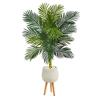 5ft. Golden Cane Artificial Palm Tree in White Planter with Stand
