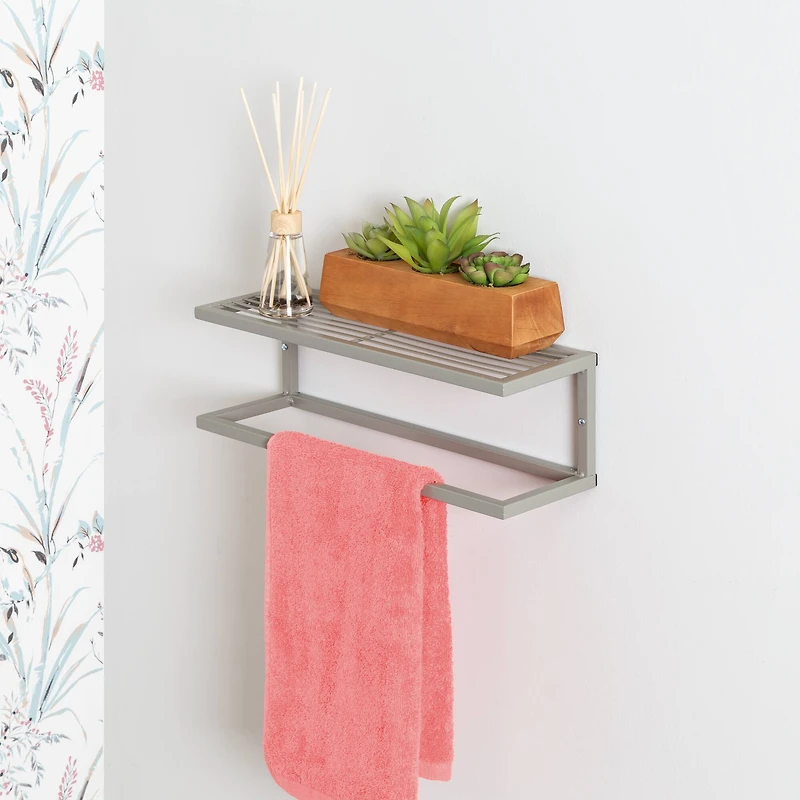 Honey Can Do Steel Bathroom Slatted Shelf with Towel Bar
