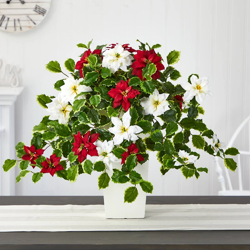 23” Poinsettia & Variegated Holly Artificial Plant in White Decorative Planter