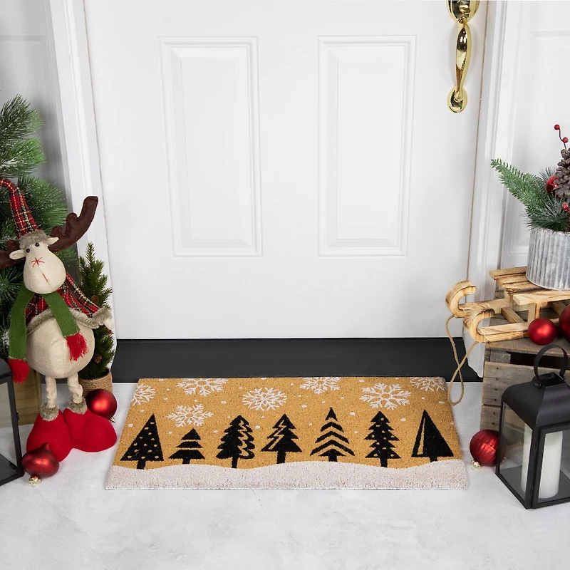30" Natural Coir Trees & Snowflakes Christmas Doormat