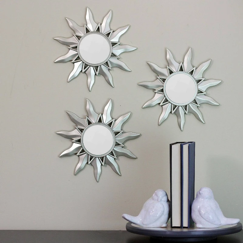 9.5" Mayan Sunburst Matte Silver Round Mirror Set