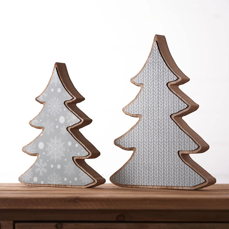 Wood Pine Tree Décor Set, 9.75" & 11.75"