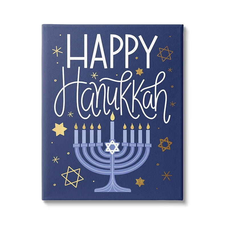 Stupell Industries Happy Hanukkah Blue Menorah Pattern Canvas Wall Art