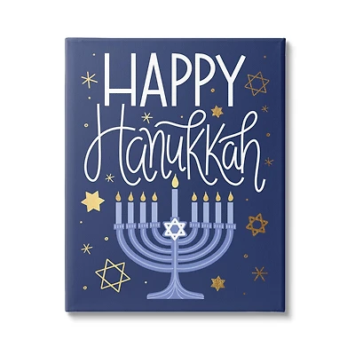 Stupell Industries Happy Hanukkah Blue Menorah Pattern Canvas Wall Art