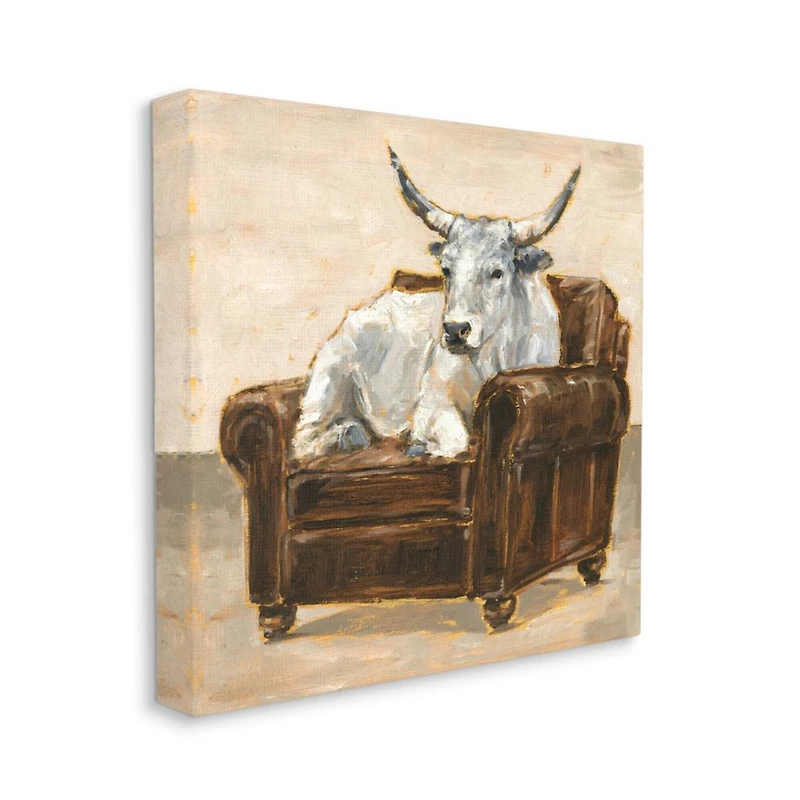 Stupell Industries White Bull Resting in Brown Chair Abstract Painting Canvas Wall Art