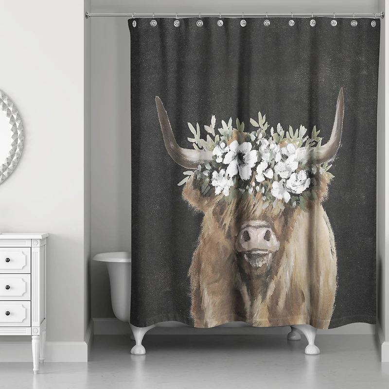 Highland Cow Portrait with Flower Crown 71" x 74" Shower Curtain