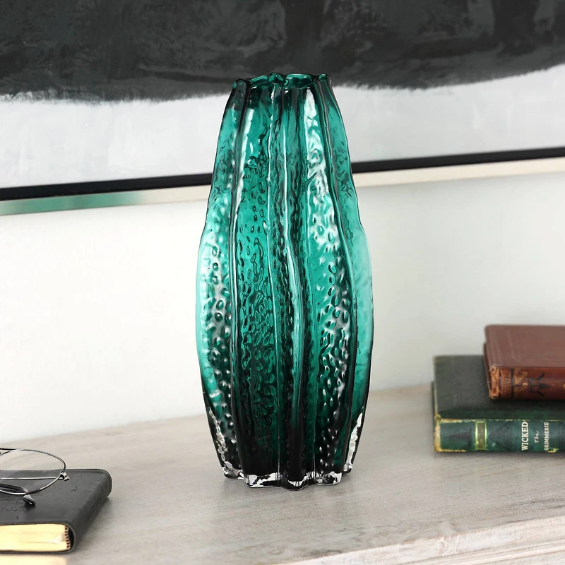 12" Green Wavy Glass Vase