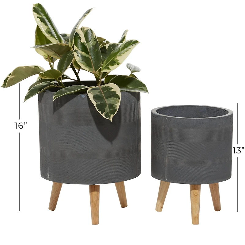 Set of 2 Grey Polystone Contemporary Planter, 13" 16"