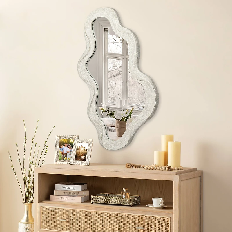 Glitzhome® 31.75" Washed White Wood Frame Wavy Wall Mirror