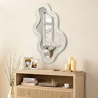 Glitzhome® 31.75" Washed White Wood Frame Wavy Wall Mirror