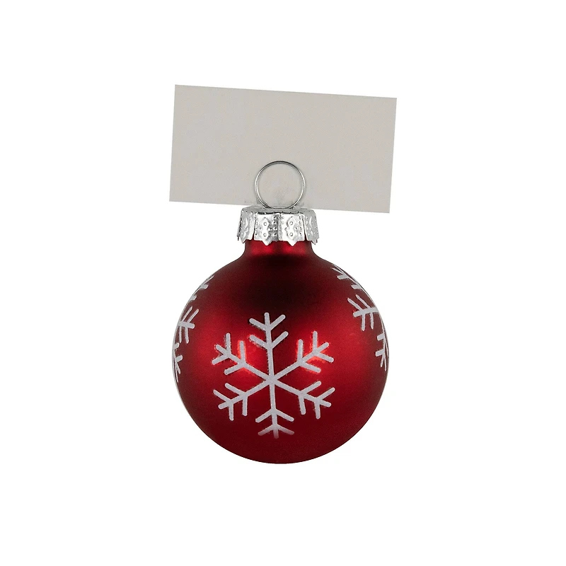 2" Red with Snowflake Accents Christmas Glass Ball Ornament Place Card Holders, 6 ct.