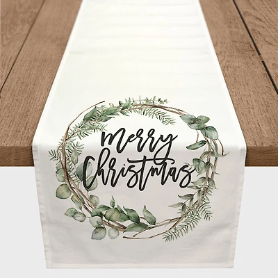 72" Merry Christmas Wreath Poly Twill Table Runner